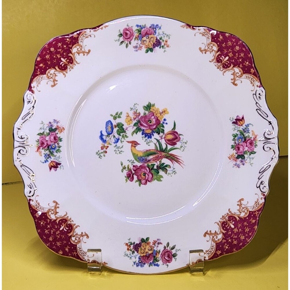 Paragon Rockingham Red Square Handled Cake Plate Platter Bird Double Warrant 10"